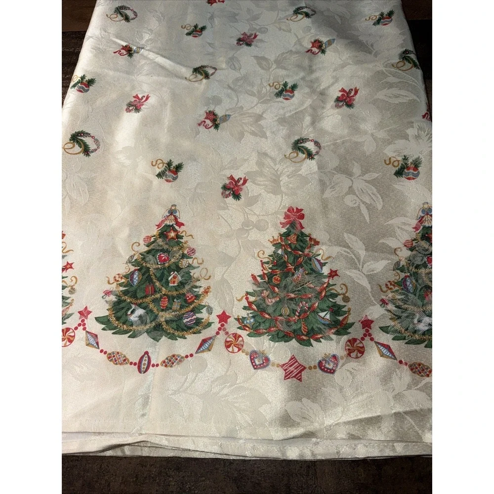 Vintage Christmas Tree Tablecloth Oblong Ivory Satin Holiday Festive 58
